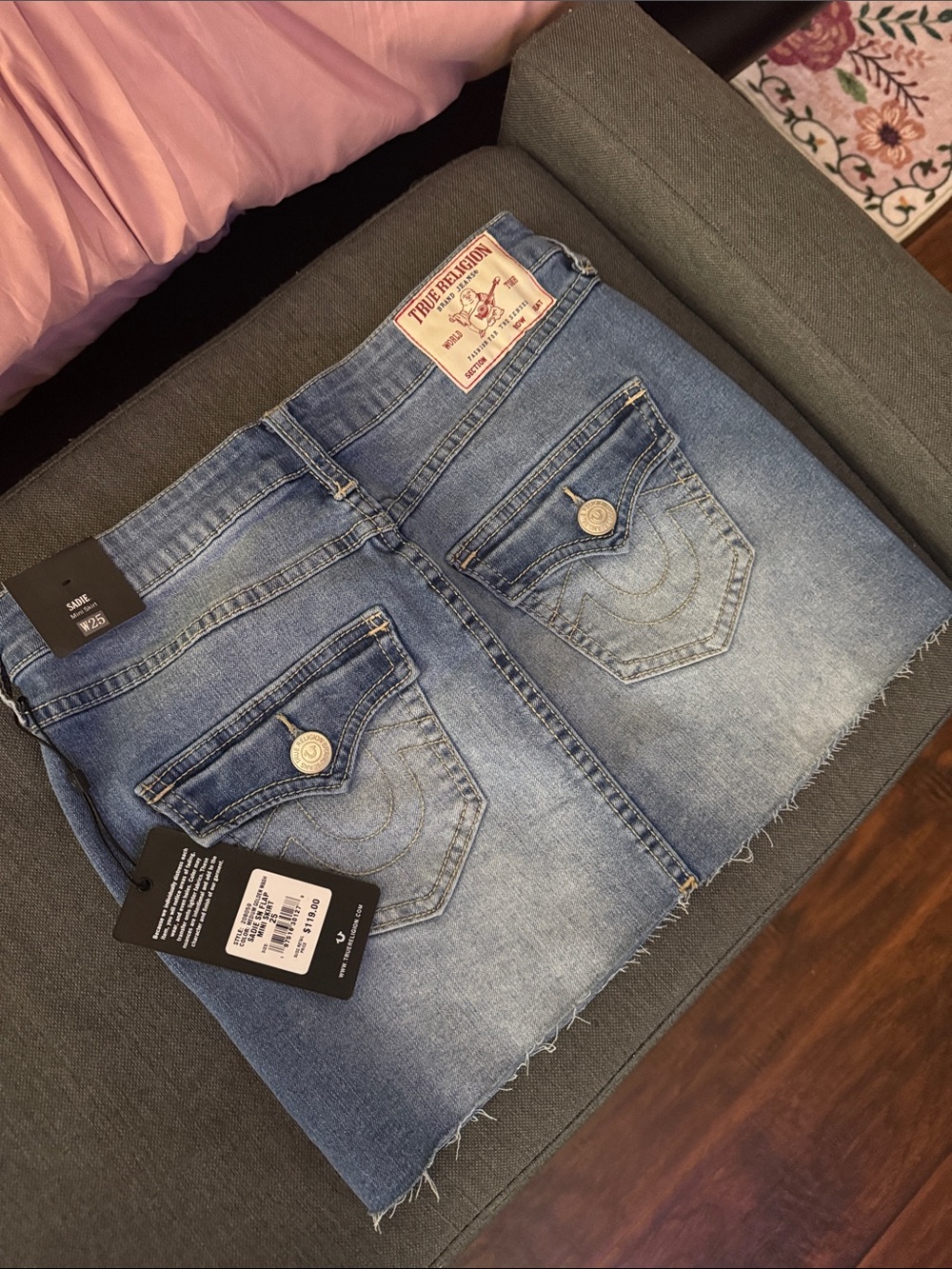 True Religion Light Blue Denim Mini Skirt with Frayed Hem